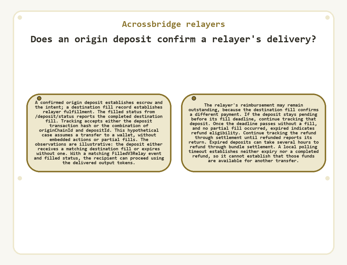 Illustration: Acrossbridge relayers: Does an origin deposit confirm a relayer's delivery?